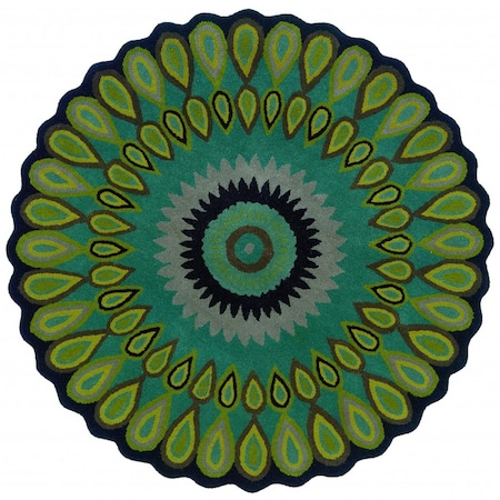 Palacedesigns 5 ft. Round Green Peacock Feather Area Rug - Green - 5' PA3645180